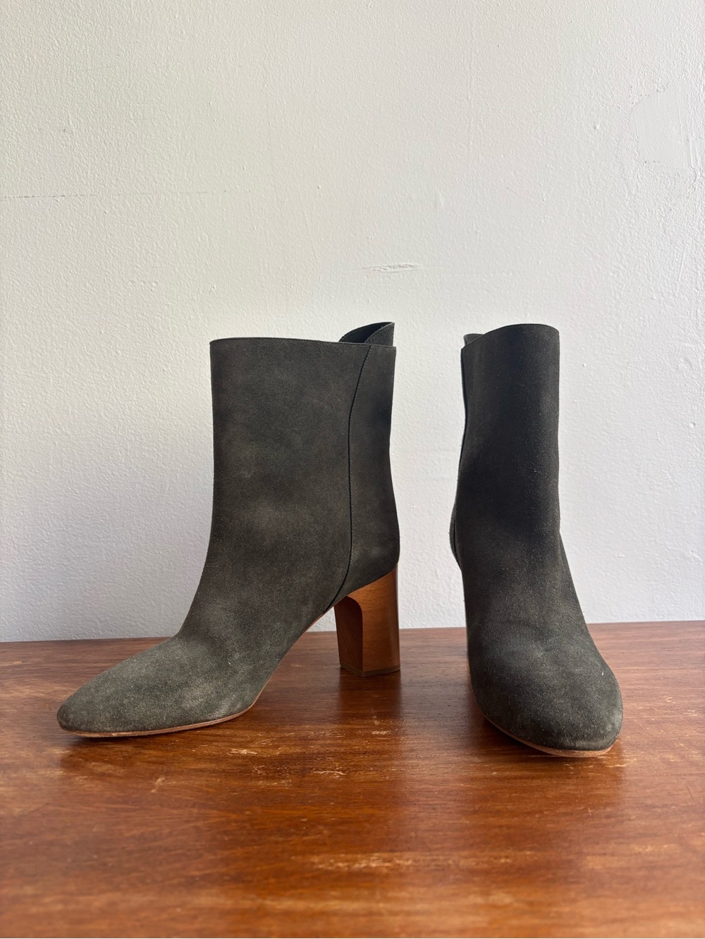 Chloe Suede Ankle Boots in Dark Green with Wooden Heel